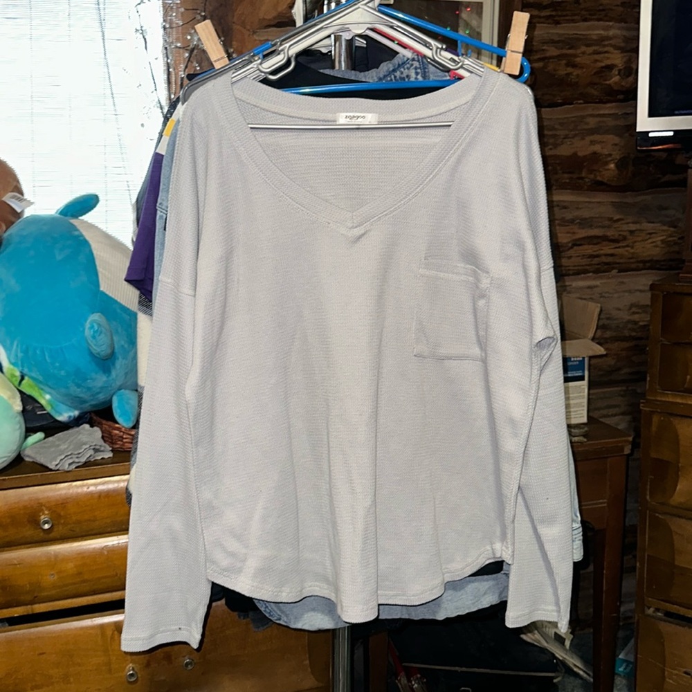 LIKE NEW ZEAGOO WAFFLE KNIT LONG SLEEVE TOP SIZE XL LIGHT GRAY